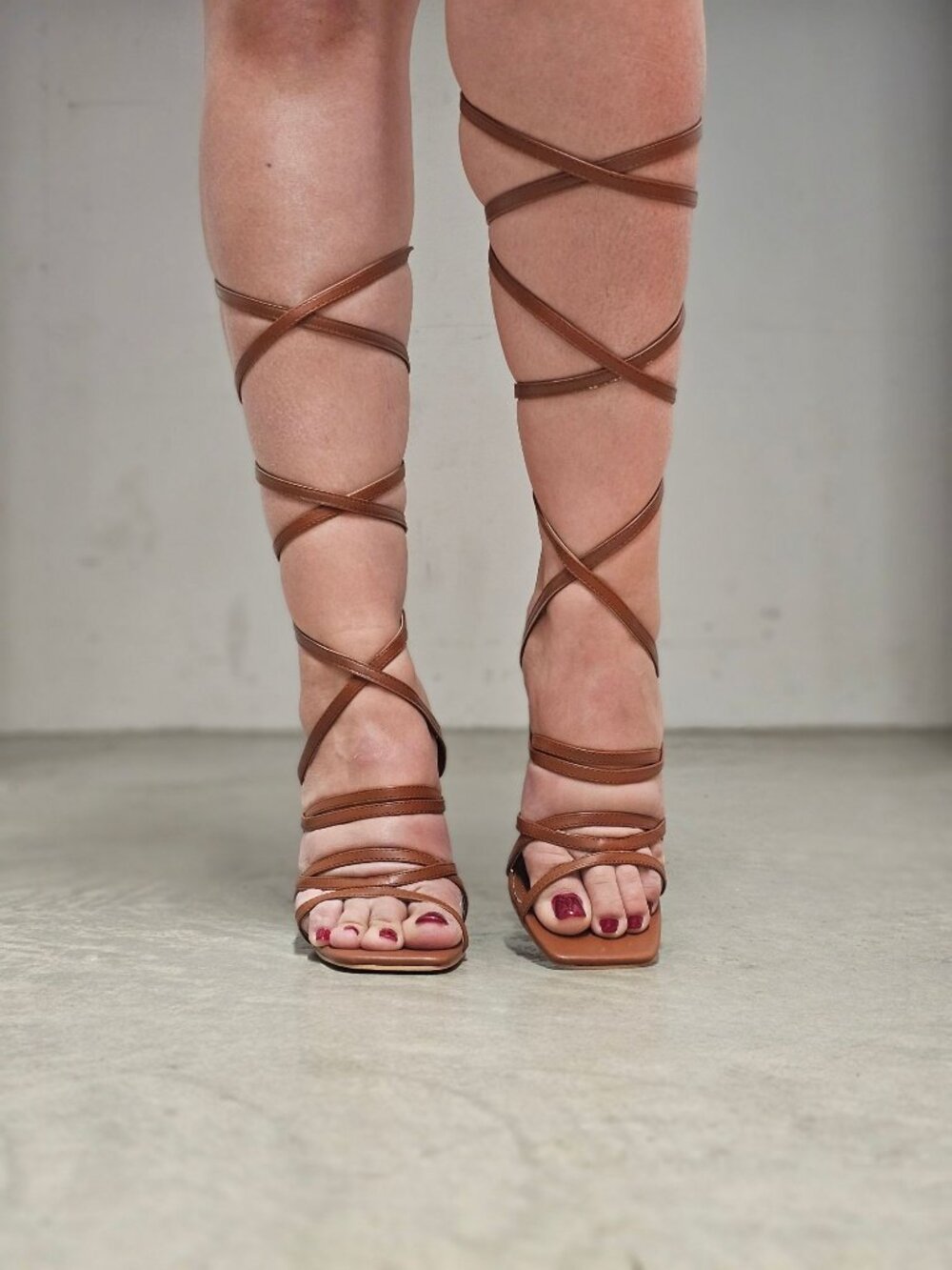 Strappy Brown Gladiator Heels With Lace-Up Design & Square Toe High Heel Sandals - Picture 5 of 16